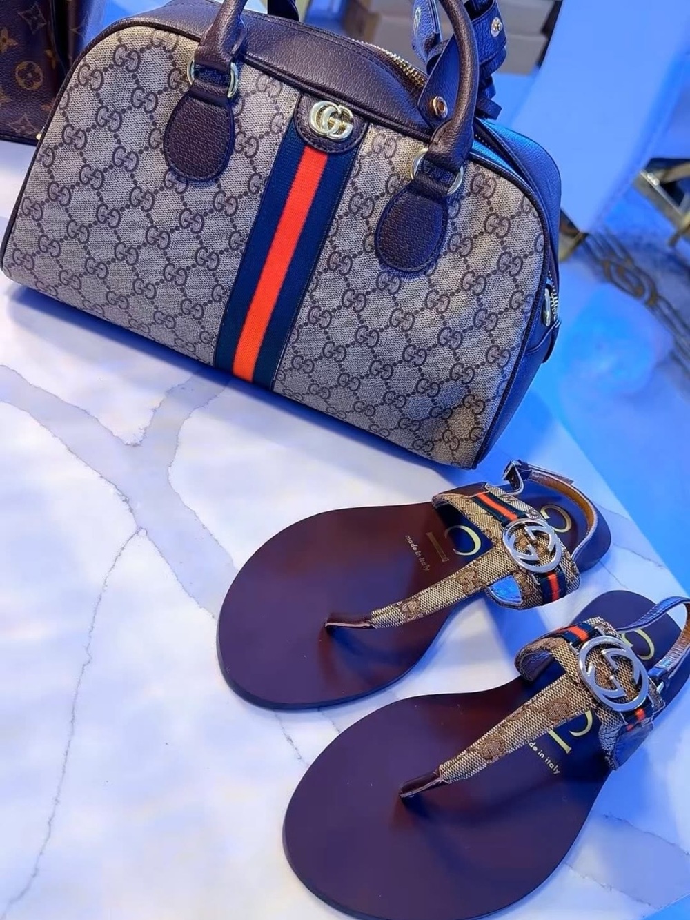 Luxury GG Supreme Boston Bag and Sandal Set in Brown with Red-Blue Stripe